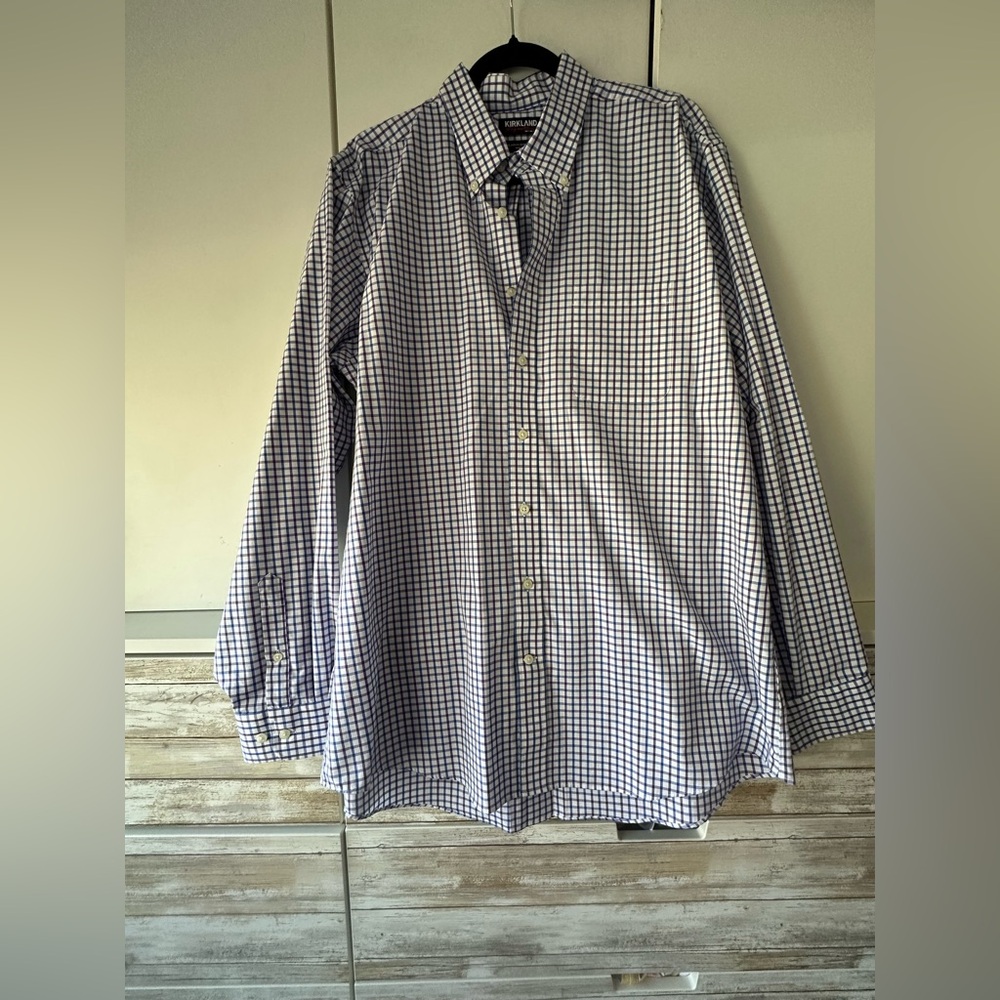 💜 Kirkland Signature White Blue Purple Plaid Dress Shirt Men’s 17 36/37